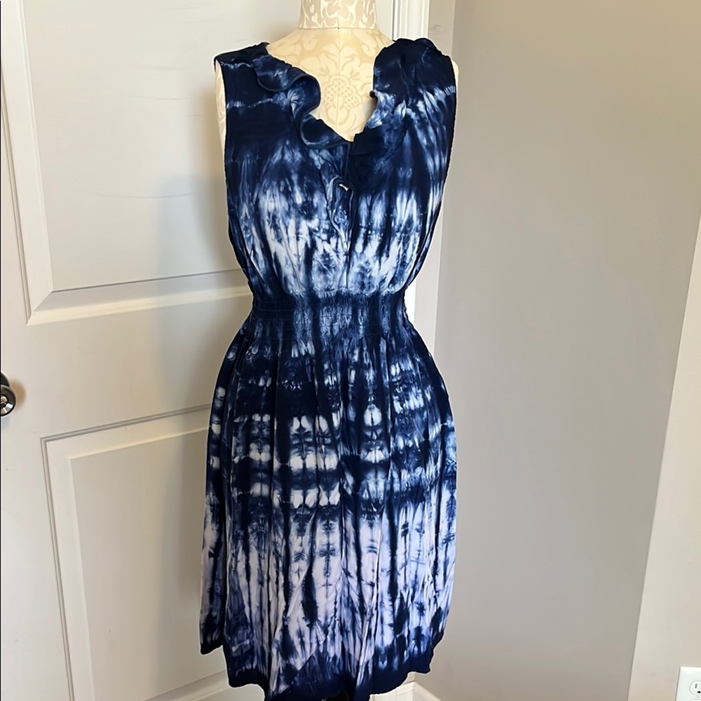 ONE WORLD Blue and White Sleeveless Midi Sundress sz S